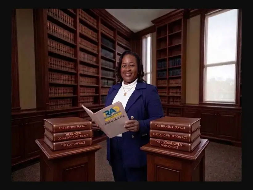 Woman holding a Revenue Appeals Division case file in a law library
